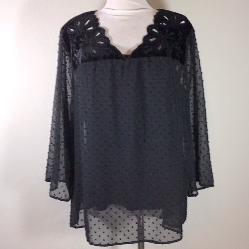 Style & Co New Top Black Velvet Yoke Swiss Dot Sheer w/ Camisole Blouse Large
